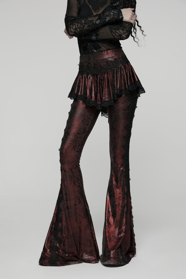 Red Printed Lace Slim Faux Two-Piece Women's Gothic Flared Pants - Red - 1