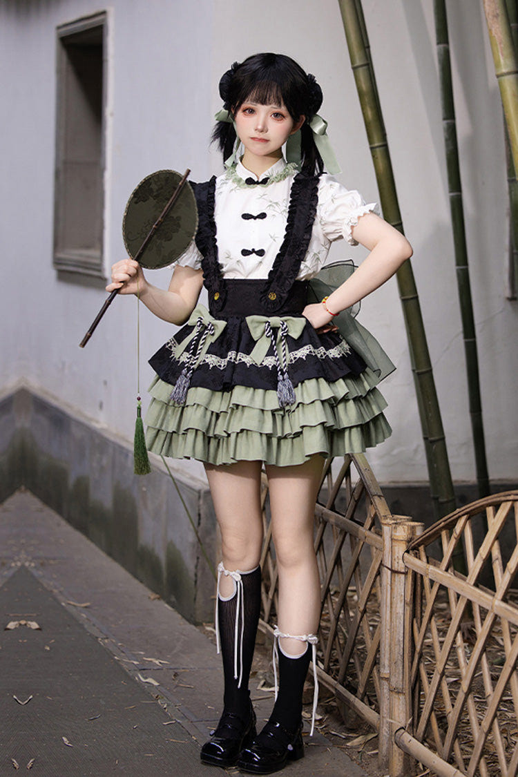 Black/Green Multi-Layered Bamboo Leaves Print Ruffle Bowknot Sweet Chinese Style Lolita Skirt Set - Product - 2