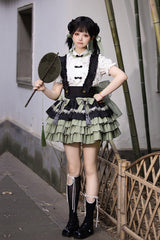 Black/Green Multi-Layered Bamboo Leaves Print Ruffle Bowknot Sweet Chinese Style Lolita Skirt Set - Product - 2