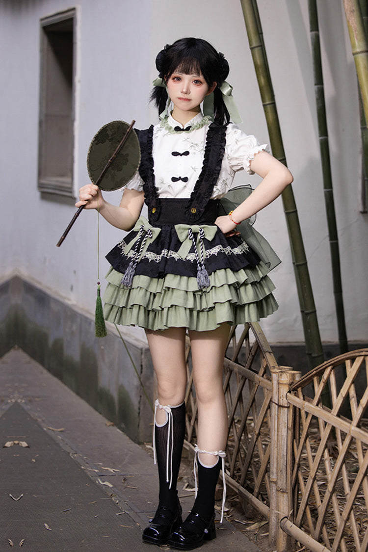 Black/Green Multi-Layered Bamboo Leaves Print Ruffle Bowknot Sweet Chinese Style Lolita Skirt Set - Product - 2