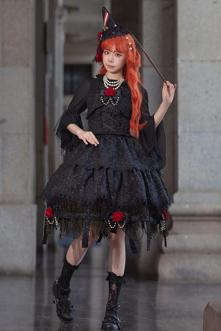 Black [Apprentice Witch] Double-Layered Ruffle Lace Gothic Lolita Skirt - Product - 4