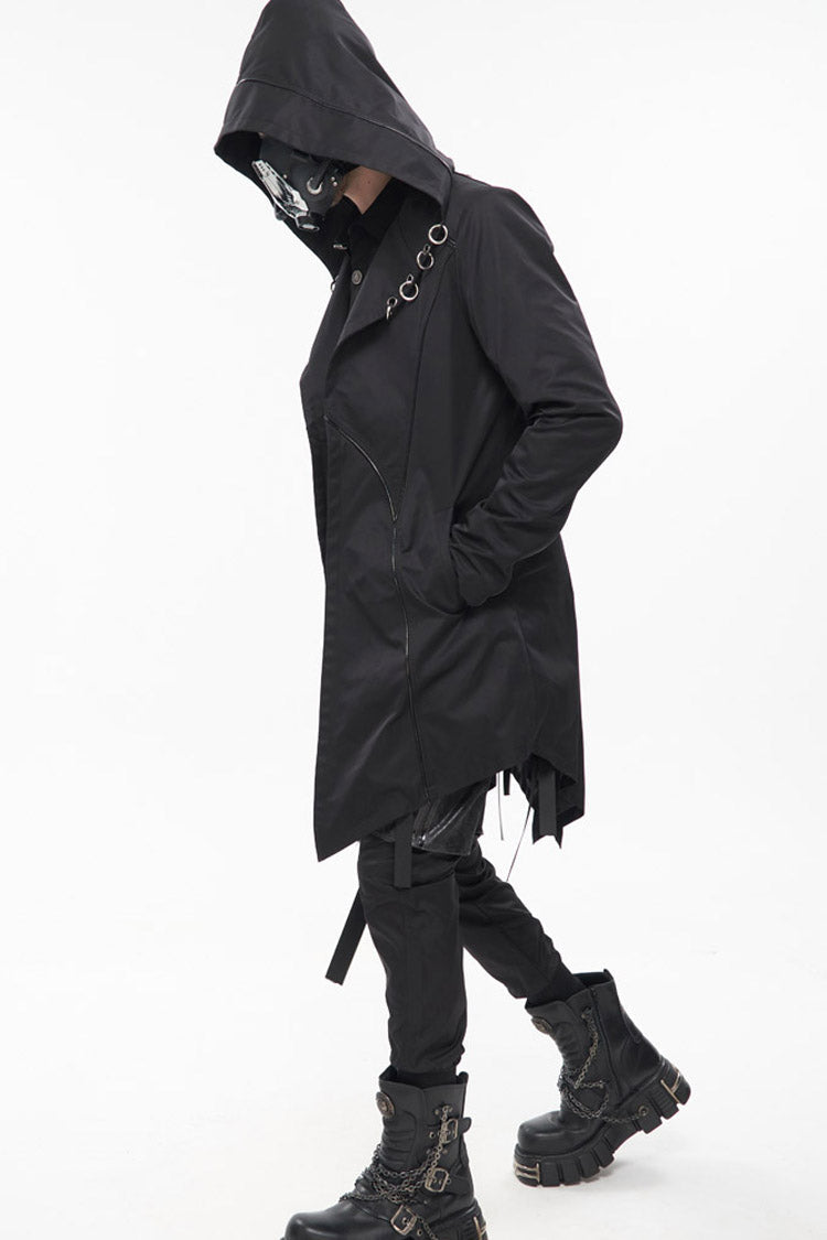 Black Punk Back Splicing Straps Design Windproof Fabric Daily Matching Hooded Casual Men's Coat - Product - 7
