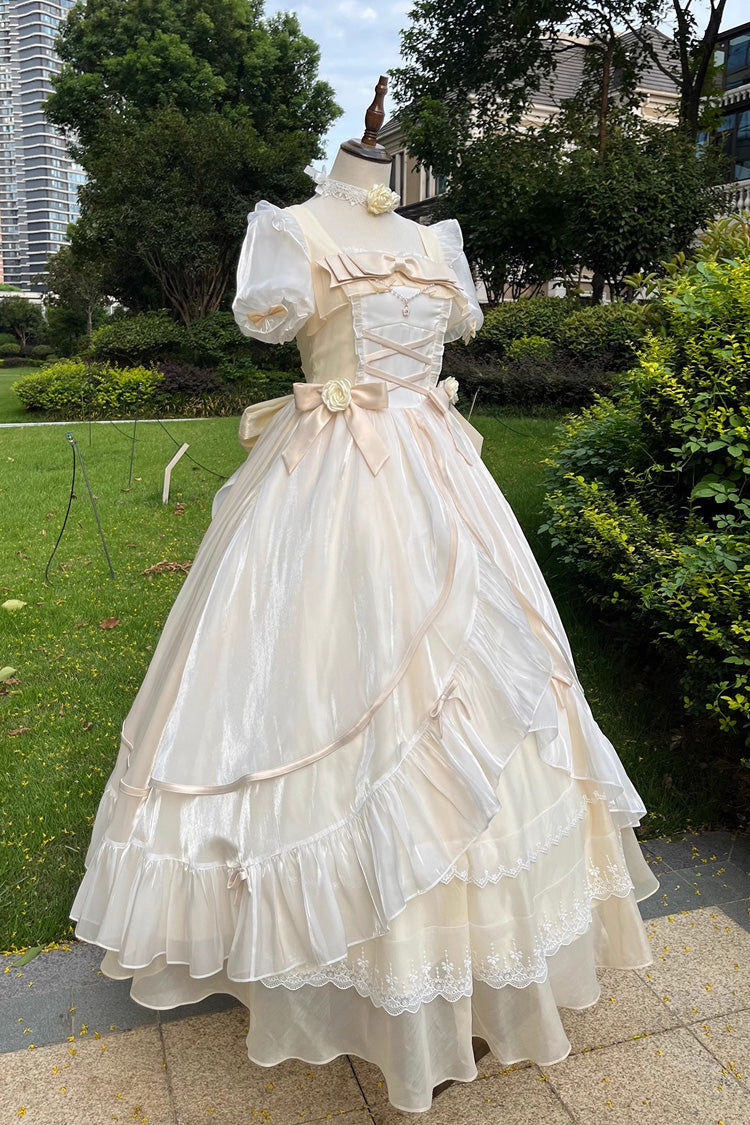 Sweet Short Puff Sleeves Ruffle Hanayome Cardigan Bowknot Princess Gorgeous Lolita Dress 2 Colors - Ivory - 10