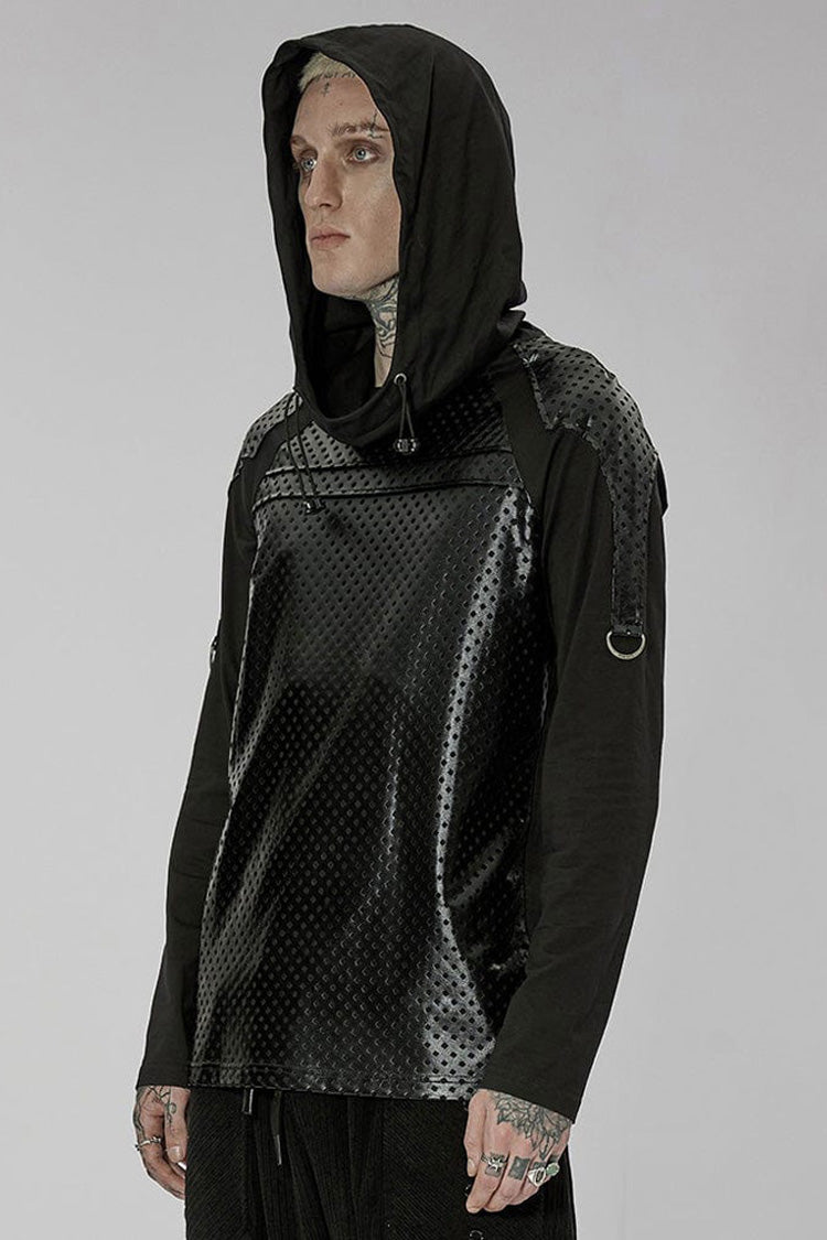 Black Punk Turtleneck Stretch Knit Panel Cutout Drawstring Hooded Men's T-Shirt - Product - 2