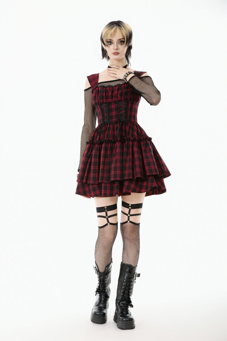 Red/Black Sleeveless Layered Plaid Ruched Women's Cake Dress Graduation Dress - Product - 8