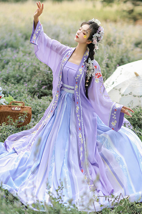 Purple Chinese Style Song Dynasty Exquisite Embroidery Three Piece Sweet Hanfu Dress - Product - 4