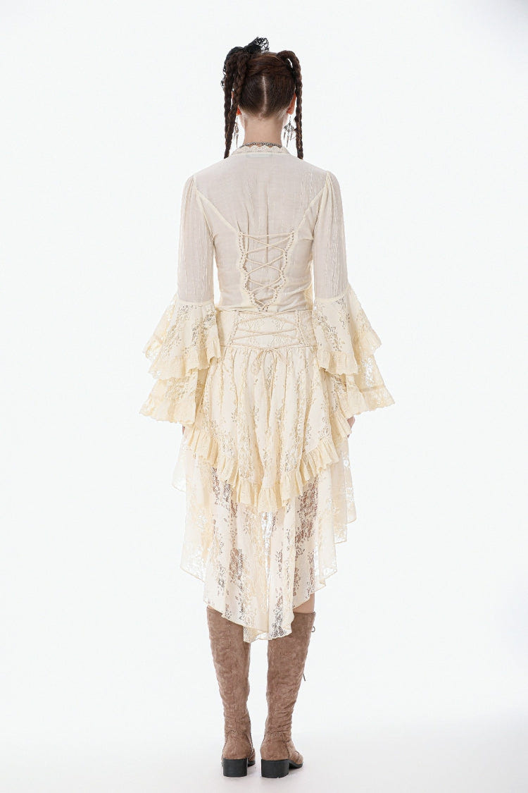 Beige V Collar Long Trumpet Sleeves Multi-Layered Lace-Up Women's Stempunk Blouse - Product - 4