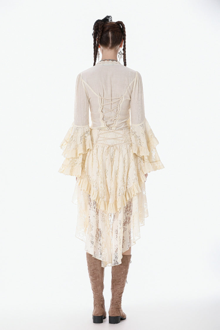 Beige V Collar Long Trumpet Sleeves Multi-Layered Lace-Up Women's Stempunk Blouse - Product - 4