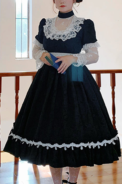 Round Collar Lace Long Sleeves Miss Winnie Plus Size Sweet Lolita OP Dress - Black - 1