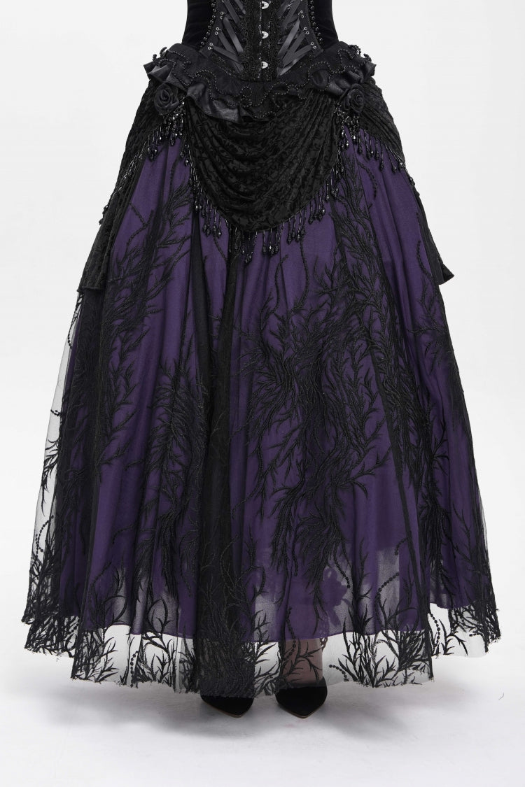 Black/Purple Floral Embroidered Beaded Women's Gothic Long Skirt - Product - 2