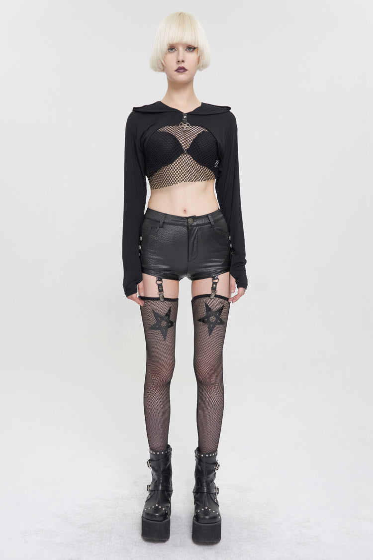 Black Faux Leather Pentagram With Stockings Women's Punk Shorts - Product - 4