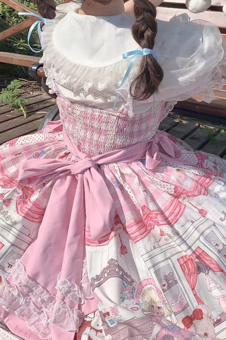 Pink Plush Bear and Doll Print Ruffle Bowknot Lace Sweet Lolita Jsk Dress - Product - 11