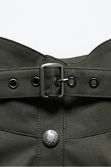 Green Stand Collar Long Sleeves Stitching Faux Leather Women's Gothic Military Jacket - Product - 5