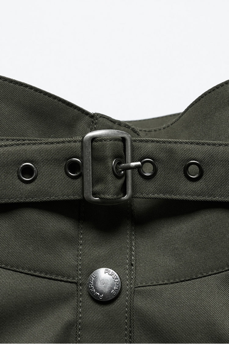 Green Stand Collar Long Sleeves Stitching Faux Leather Women's Gothic Military Jacket - Product - 5