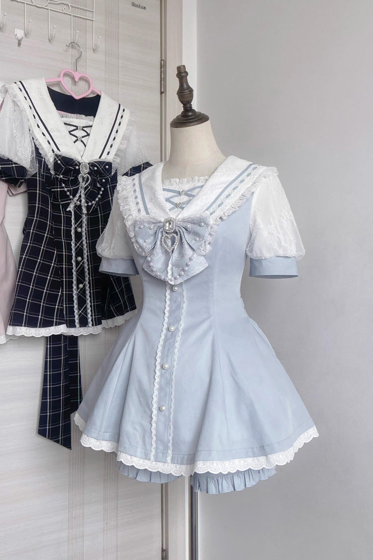 Sweet Short Sleeves Print Bowknot Jirai Kei Japanese Dress Set 3 Colors - Product - 7