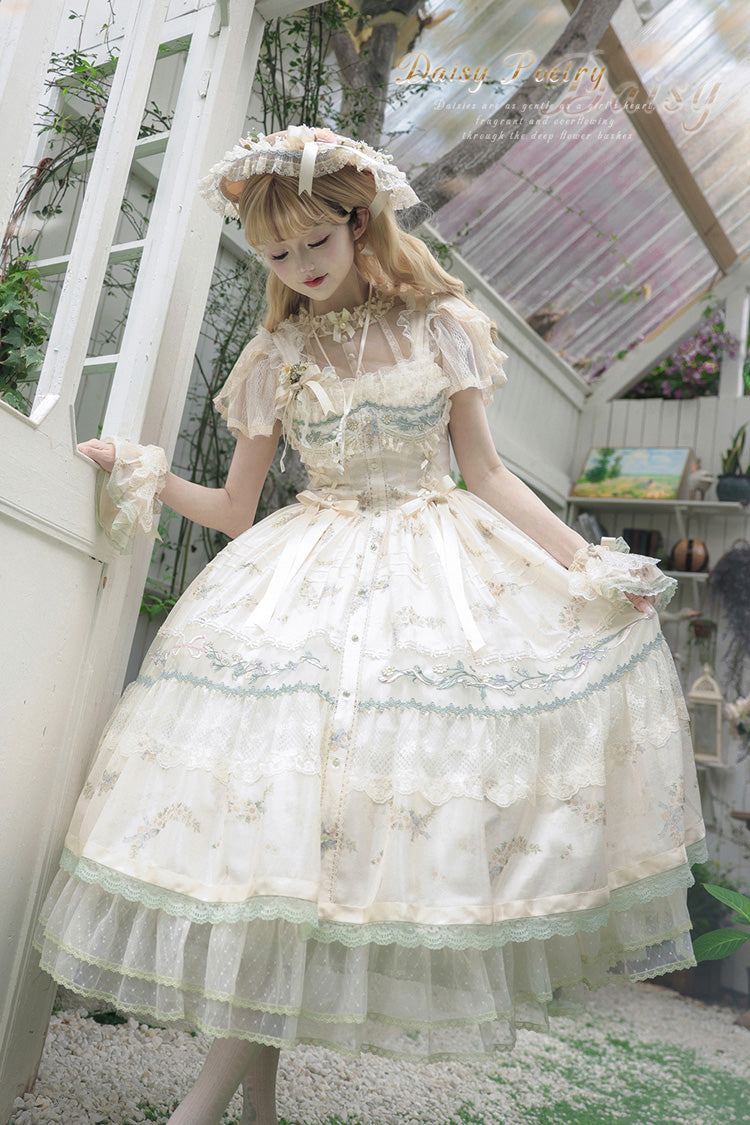 Multi-Color [Daisy Poetry] Print Ruffle Hollow Embroidery Lace Sweet Elegant Princess Lolita Jsk Dress - Product - 2