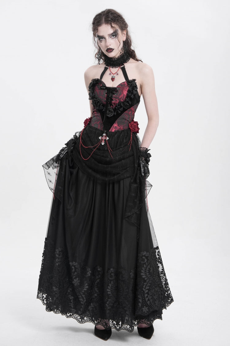 Red Halterneck Sleeveless Embroidery Stitching Rose Heart Lace Women's Gothic Blouse - Product - 12