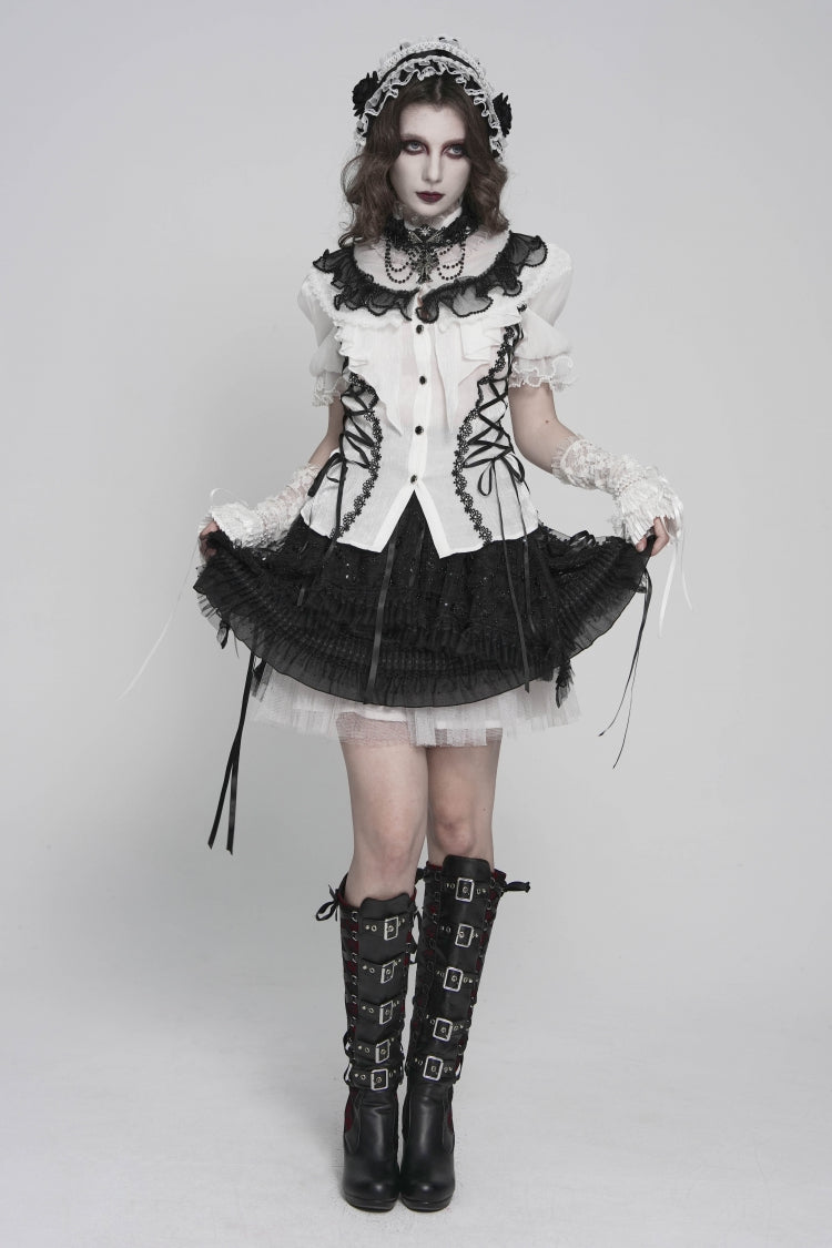 Black/White Stand Collar Short Sleeves Embroidered Lace Lace-Up Slim Pleated Women's Gothic Palace Blouse - Product - 3