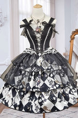 Black/White [Board Games] Triple-Layered Print Ruffle Vintage Lolita Skirt - Product - 3
