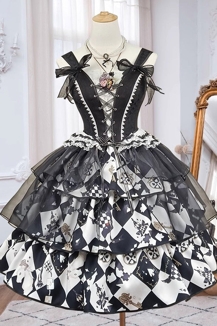 Black/White [Board Games] Triple-Layered Print Ruffle Vintage Lolita Skirt - Product - 3