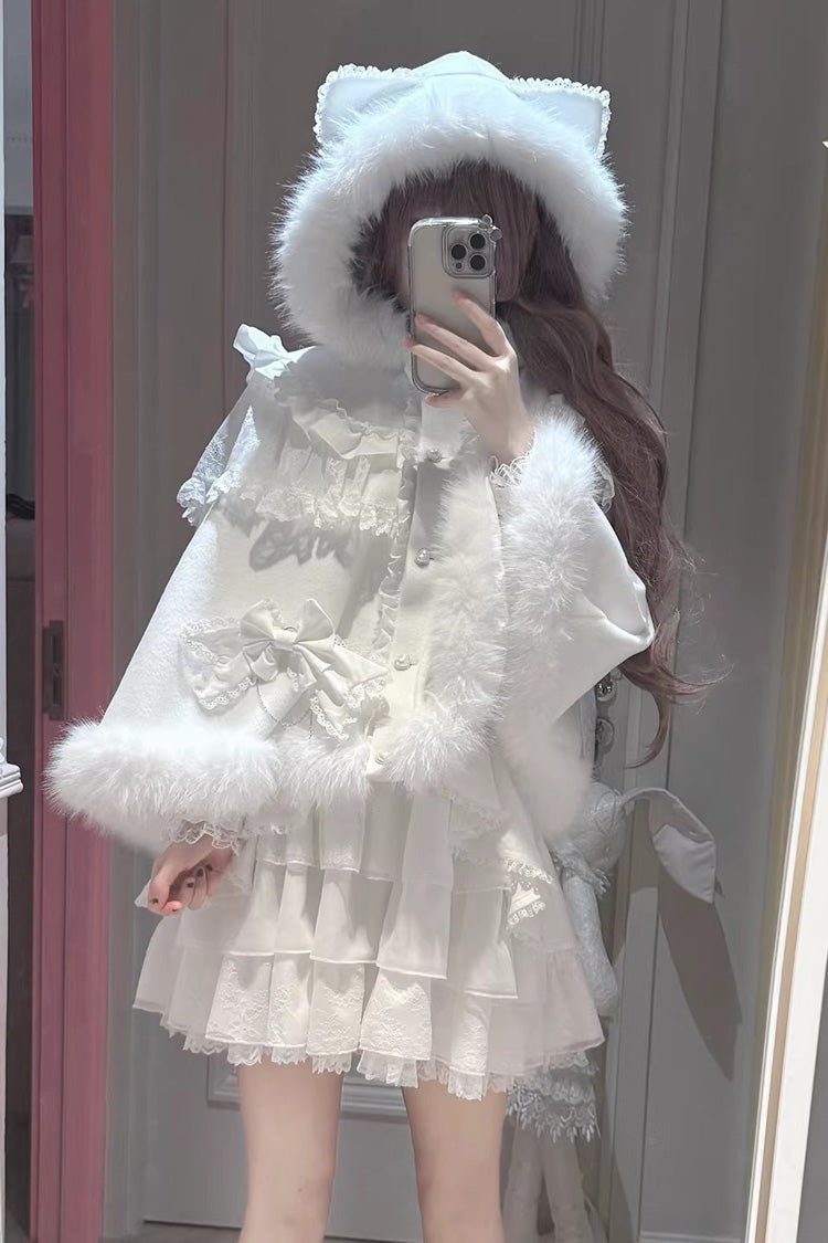 White [Snow Season Love Letter] Long Sleeves Multi-Layered Ruffled Bow Sweet Jirai Kei Lolita Skirt Set - Product - 3