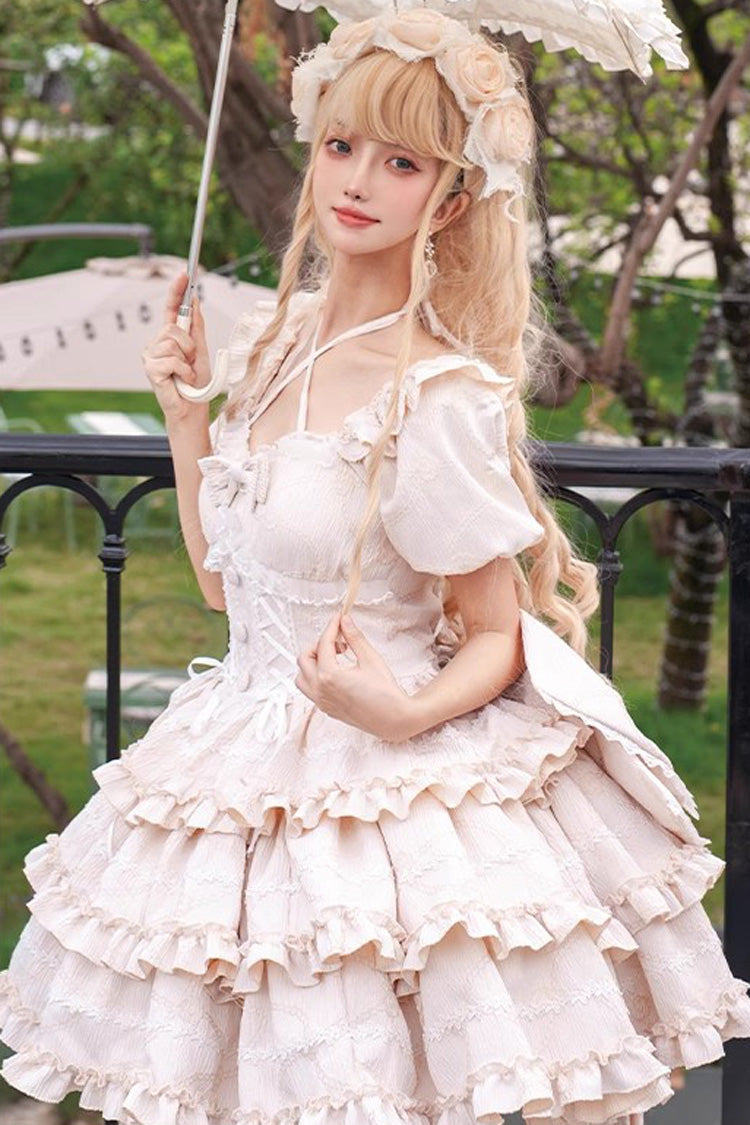Champagne Square Collar Short Sleeves Triple-Layered Ruffle Bowknot Sweet Lolita Dress - Product - 2
