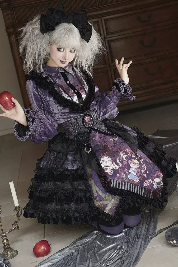 [Werewolf] Fairy Tale Lapel Collar Long Sleeves Printed Ruffled Open-Front Lace Heavy-Detailed Gothic Lolita Skirt Set (Red, Grey, Purple) - Product - 10