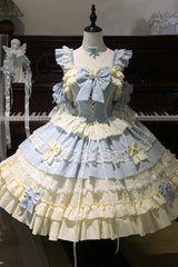 [Icy Blue Milky Wave] Square Collar Multi-Layered Printed Ruffled Bow Lace Sweet Lolita Dress Set - Product - 3