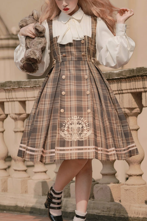 Brown Royal Detective Stripe Print Long Sleeves Classic Lolita OP Dress - Brown - 1