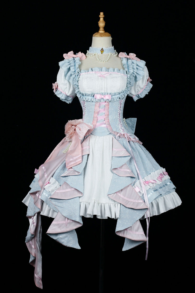 [Spring Overture] Square Collar Short Sleeves Ruffle Cardigan Bowknot Lace Sweet Elegant Lolita Skirt Set 4 Colors - Blue - 4