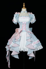 [Spring Overture] Square Collar Short Sleeves Ruffle Cardigan Bowknot Lace Sweet Elegant Lolita Skirt Set 4 Colors - Blue - 4