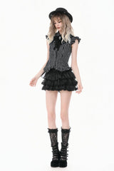 Black/White Vertical Striped Turn-down Collar Ruffled Women's Gothic Blouse with Detachable Tie - Product - 10