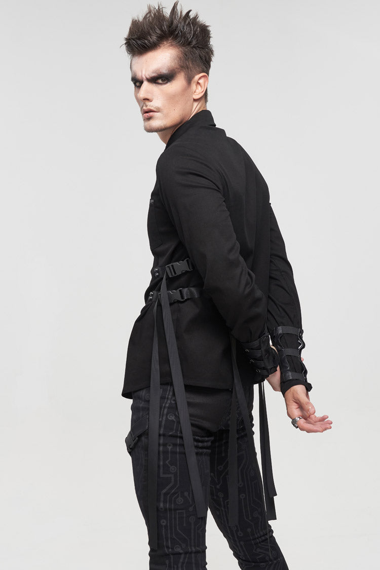 Black Nylon Strap Metal Buckle Decoration Long Sleeve Elasticity Men's Punk Shirt - Product - 5