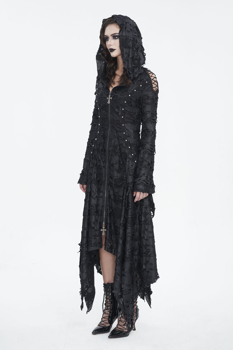Black Long Trumpet Sleeves Irregular Hooded Womens Gothic Dress - Product - 5