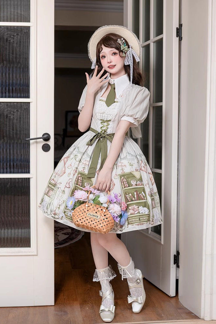 Multi-Color Short Sleeves Arlo's Book House Print Bowknot Sweet Princess Lolita Dress - Product - 4