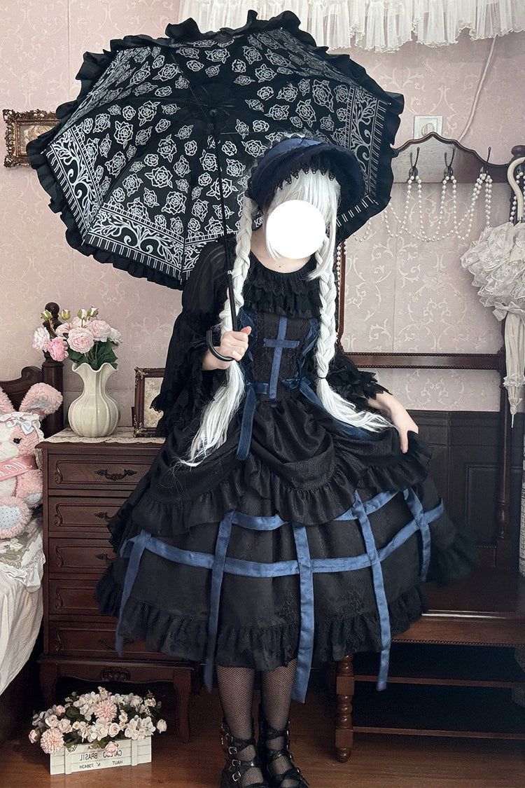 [Lilith’s Cage] Sleeveless Print Ruffle Bowknot Lace-Up Gothic Elegant Lolita Jsk Dress 2 Colors - Product - 2