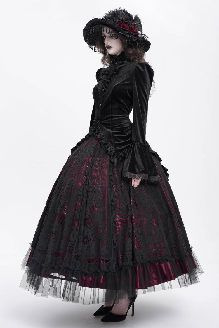 Black Stand Collar Long Trumpet Sleeves Ruffle Swallow-tailed Women's Gothic Blouse - Product - 5