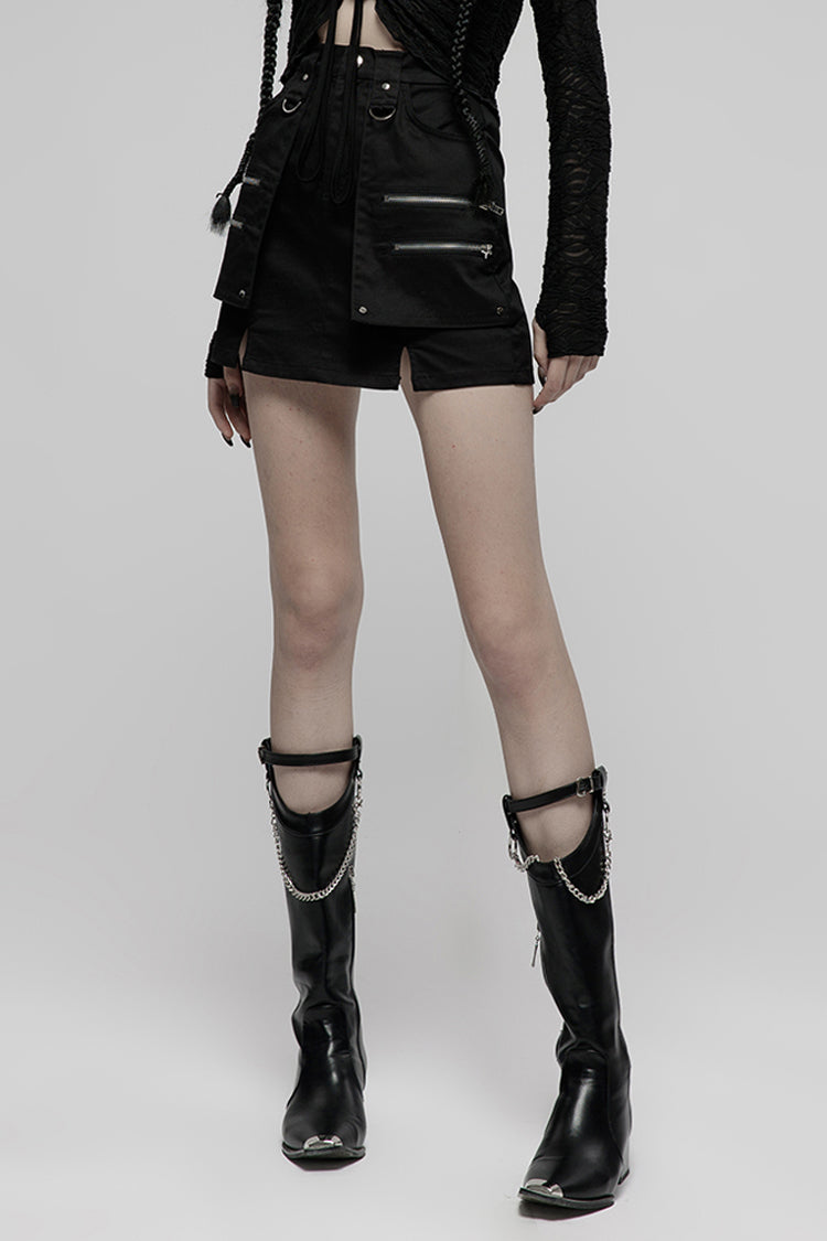 Black Heavy Industrial Hem Slit Design Multi-Pocket Zipper Trim Sexy Women's Punk Mini Skirt - Product - 2