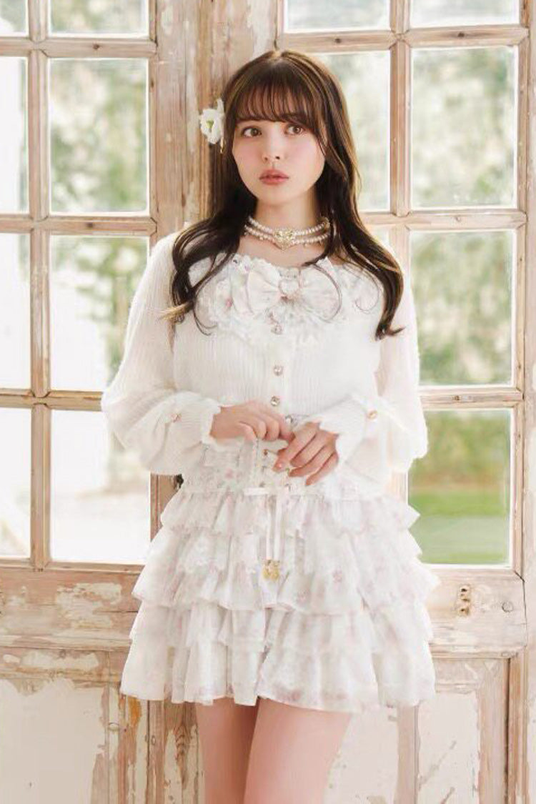 Jirai Kei Long Sleeves Multi-Layered Printed Ruffled Bow Sweet Dress 3 Colors - Product - 8