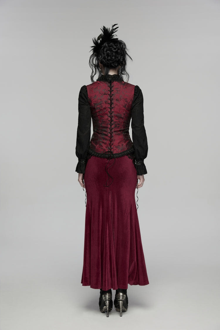 Black/Red Jacquard Embroidered Lace Lace-Up Slim Women's Gothic Vest - Product - 2