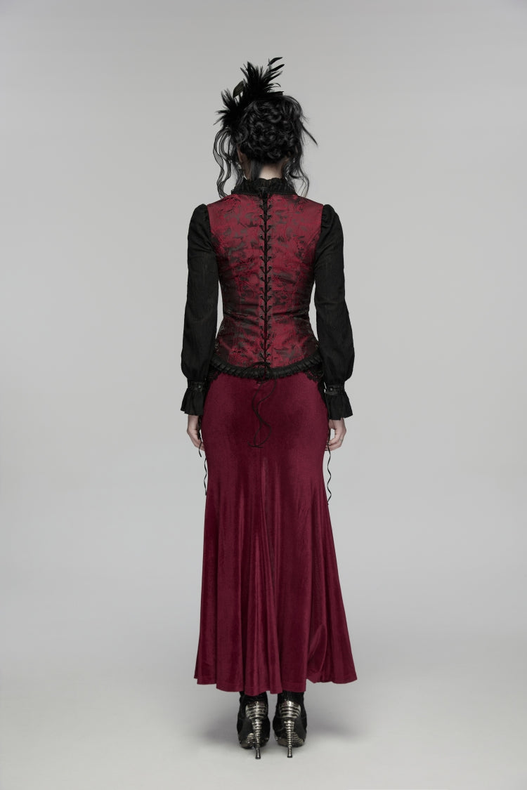 Black/Red Jacquard Embroidered Lace Lace-Up Slim Women's Gothic Vest - Product - 2
