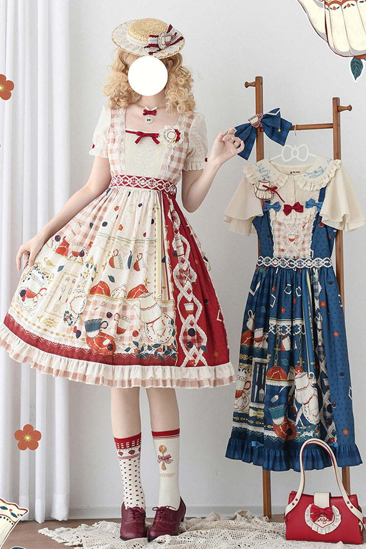 Red [Tea Party] Short Sleeves Print Ruffle Bowknot Lace Sweet Elegant Lolita Dress - Red - 1