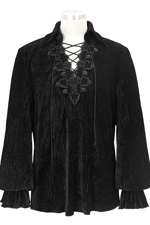Black Velvet Elastic Lantern Sleeves Mens Gothic Blouse - Product - 4