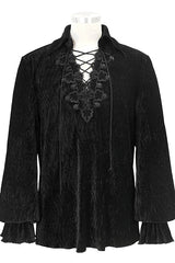 Black Velvet Elastic Lantern Sleeves Mens Gothic Blouse - Product - 4