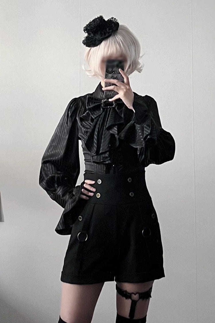Moonstone Lapel Collar Long Sleeves Vertical Striped Print Ruffle Ouji Gothic Prince Lolita Blouse 3 Colors - Product - 5