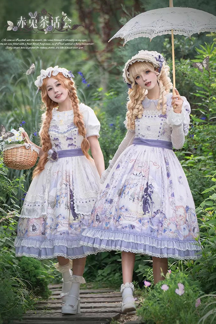 Purple [Red Hare Tea Party] Lapel Collar Long Sleeves Printed Ruffled Lace Chiffon Sweet Elegant Lolita Dress - Product - 3