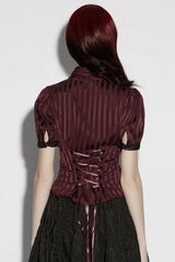 Red V Collar Short Puff Sleeves Lace Lace-Up Striped Women's Gothic Blouse - Product - 5