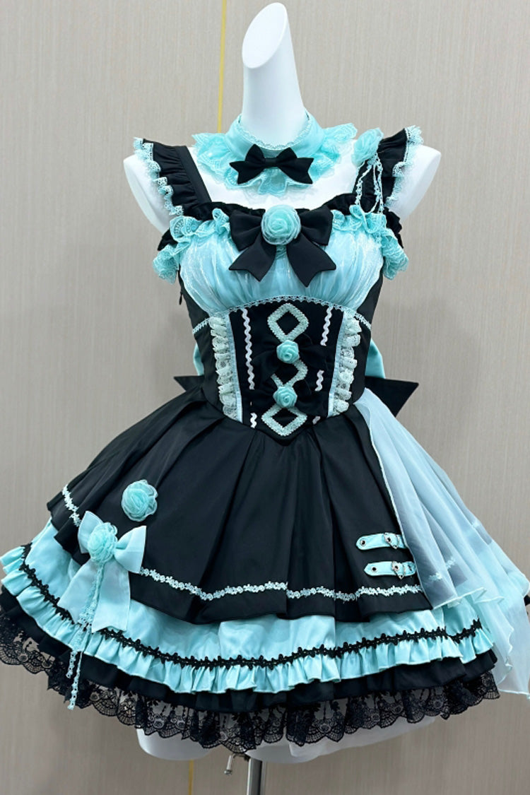 Shadow Rose Sleeveless Multi-layer Ruffle Bowknot Stitching Gothic Lolita Jsk Dress 5 Colors - Black/Green - 1