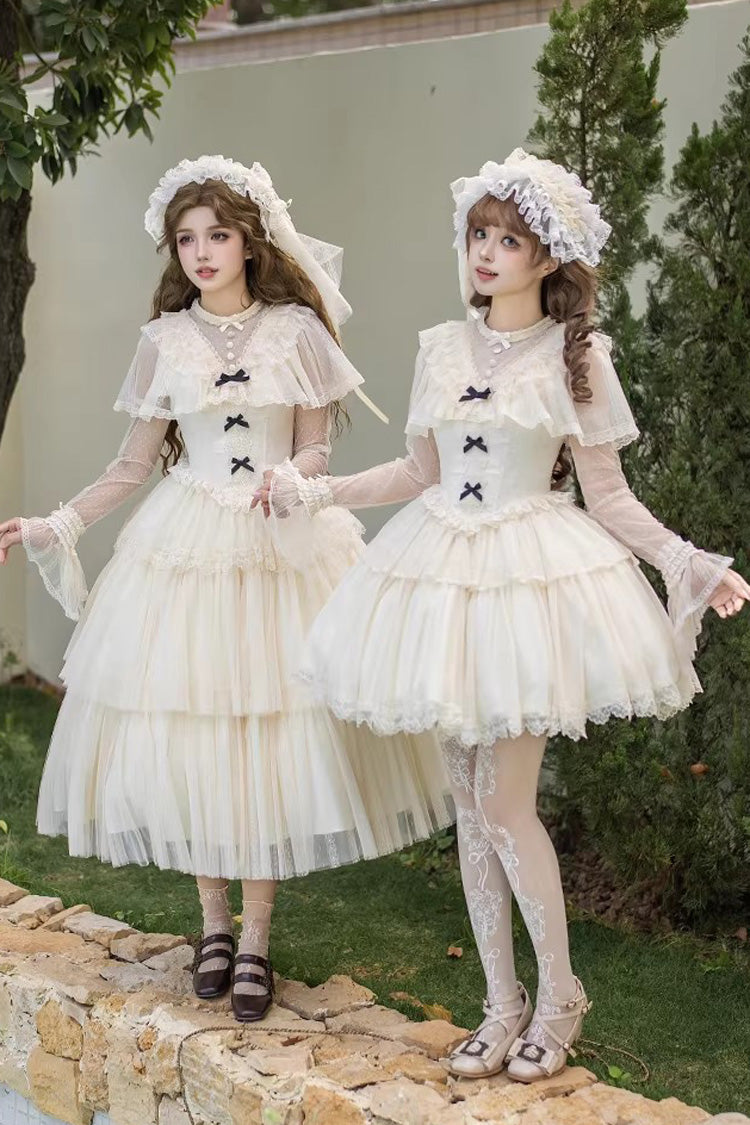 Ivory [The Oath of White Mist] Edwardian Collar Long Sleeves Multi-Layered Ruffled Bow Lace Fishbone Sweet Lolita Dress 2 Versions - Product - 6