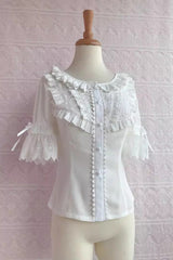 Chiffon Round Collar Short Sleeves Lace Sweet Lolita Blouse 2 Colors - Product - 2